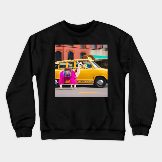 Llama Riding in Taxi Happy Llama Crewneck Sweatshirt by click2print